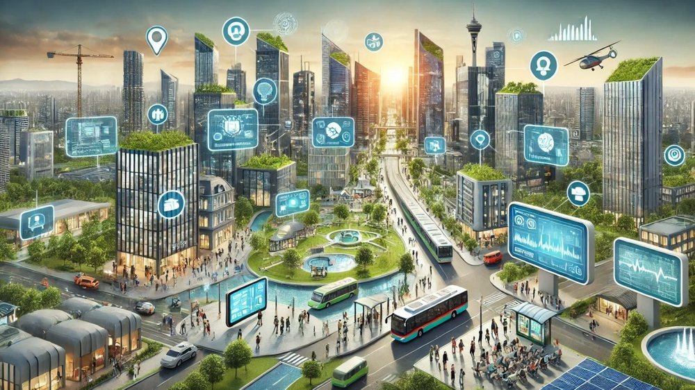 Ilustración conceptual de una ciudad inteligente con iconos de tecnología, transporte sostenible y espacios verdes superpuestos
