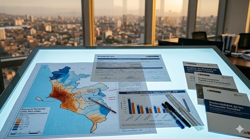 Mesa de trabajo con mapas territoriales, gráficos y documentos de Invierte.pe sobre ordenamiento territorial