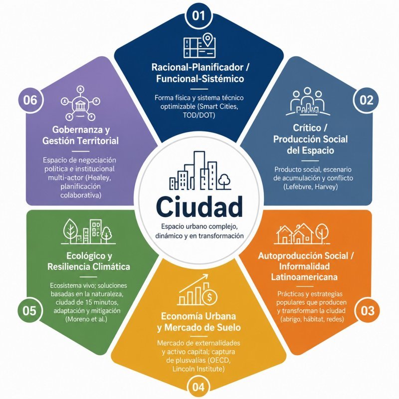 Infografía de las seis corrientes del urbanismo contemporáneo organizadas alrededor del concepto de ciudad