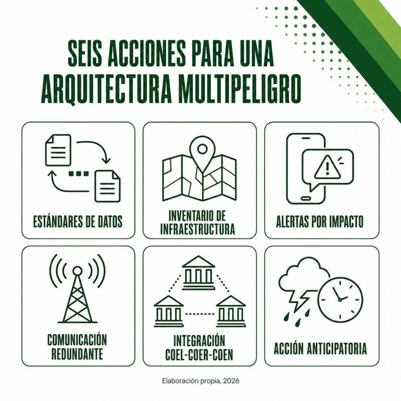 Infografía con seis acciones para una arquitectura de alerta y respuesta multipeligro: estándares de datos, inventario de infraestructura, alertas por impacto, comunicación redundante, integración COEL-COER-COEN y acción anticipatoria